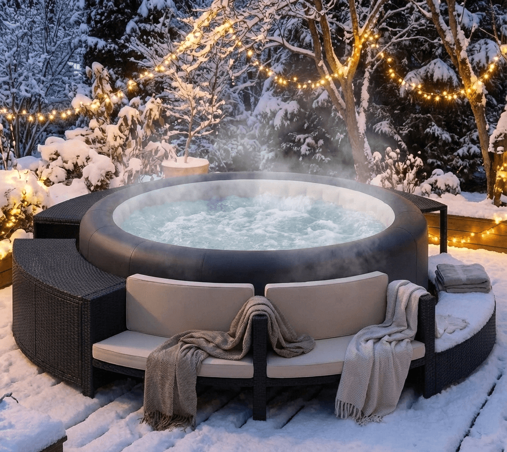 Warm hot tub in a snowy Michigan backyard at night — ideal winter hydrotherapy